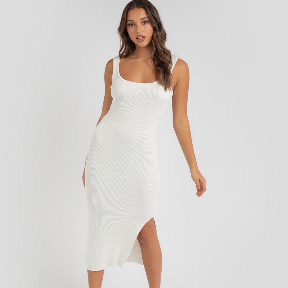 ASOS Cream Ribbed Knit Midi Dress with Thigh High Split